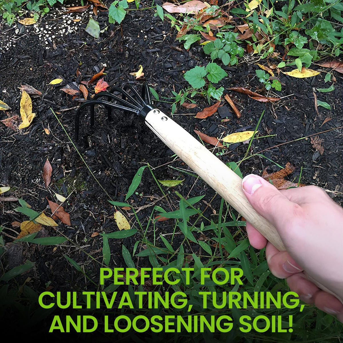 Garden Guru wooden handle ergonomic grip for comfortable use.