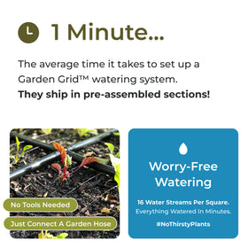 Garden In Minutes Garden Grid water-dispersion evenly covers a 4x4 bed for uniform hydration.