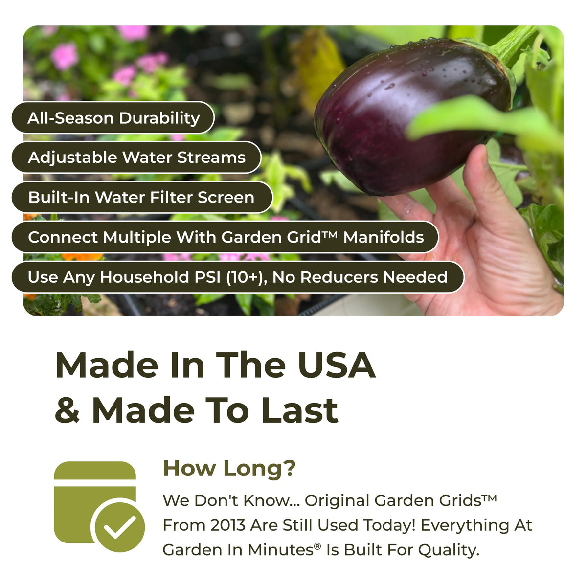 Garden Grid Watering System raised bed illustration emphasizes soil-level hydration for roots.
