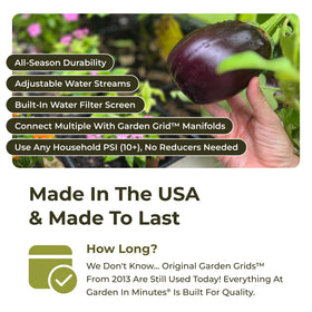 Garden Grid Watering System raised bed illustration emphasizes soil-level hydration for roots.