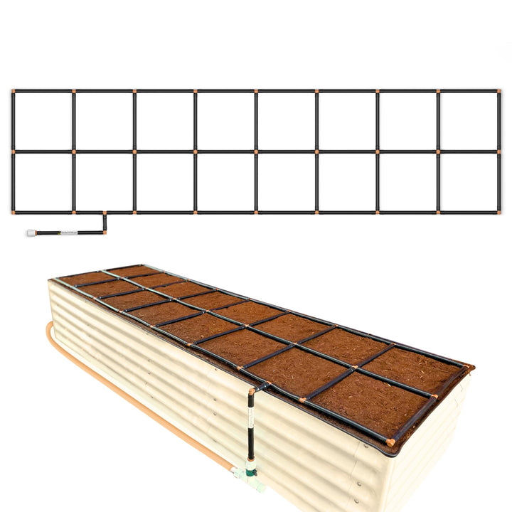Garden Grid Watering System setup shows quick, tool-free assembly for raised beds.