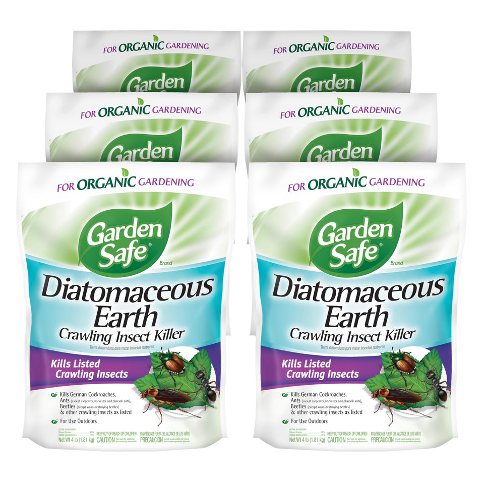 Garden Safe diatomaceous earth 6-pack label for organic pest control.