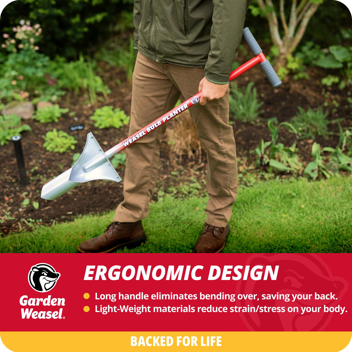 Garden Weasel Bulb Planter ergonomic footplate reduces back strain.