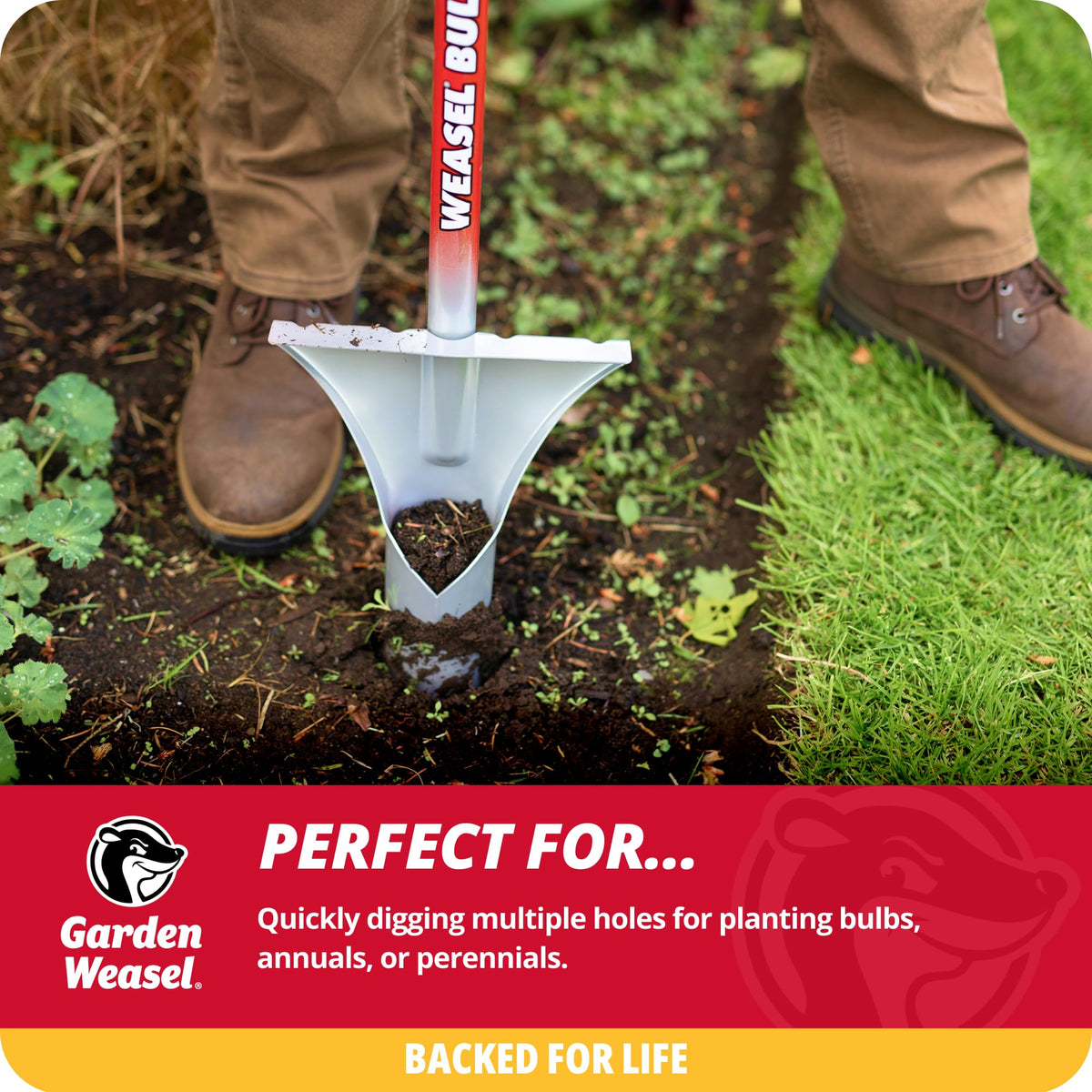 Garden Weasel Bulb Planter excavates a hole during digging action.