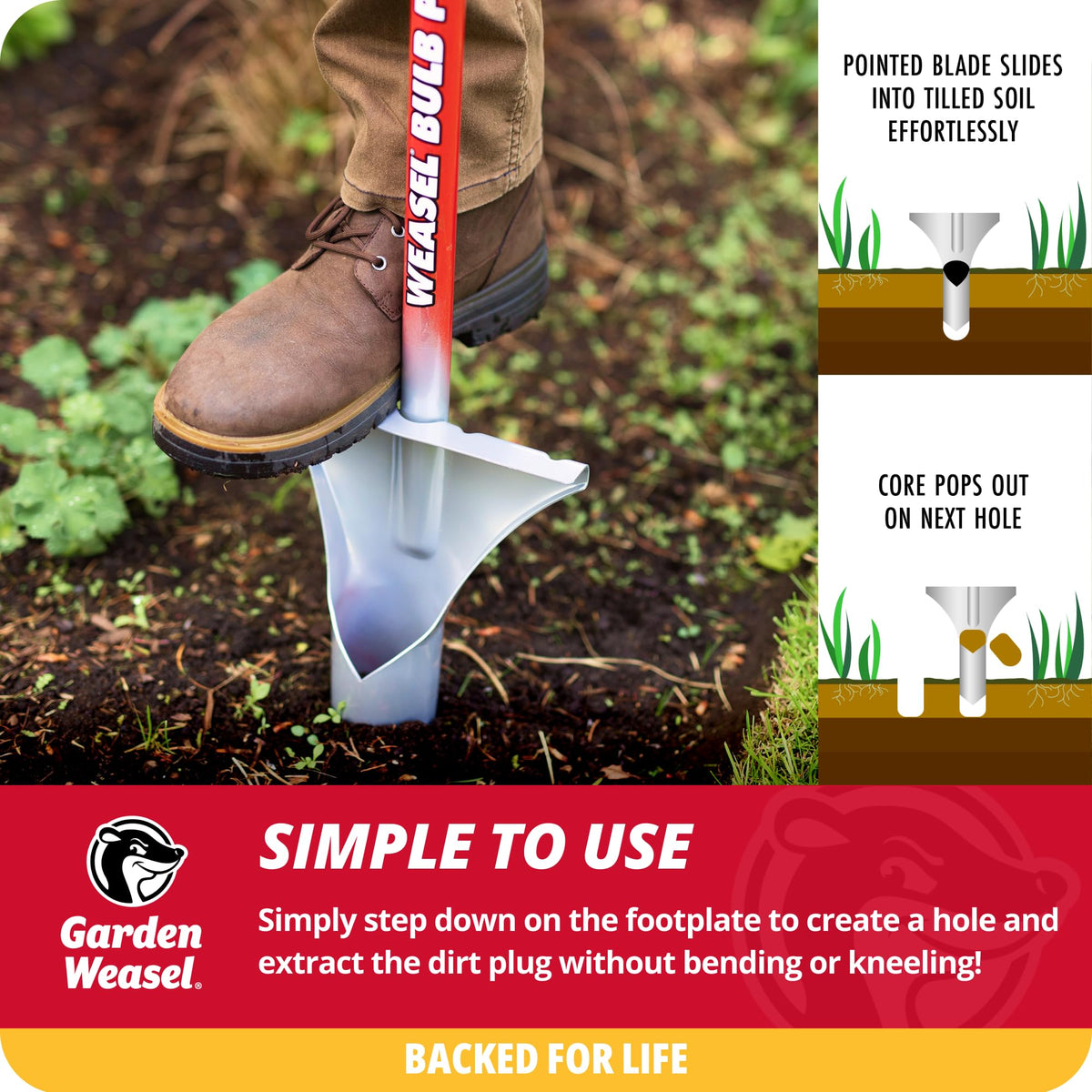 Garden Weasel Bulb Planter ejects soil plug for fast bulb coverage.