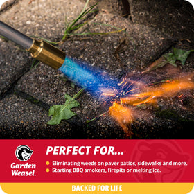 Garden Weasel WeedTorch used between pavers to target stubborn weeds safely.