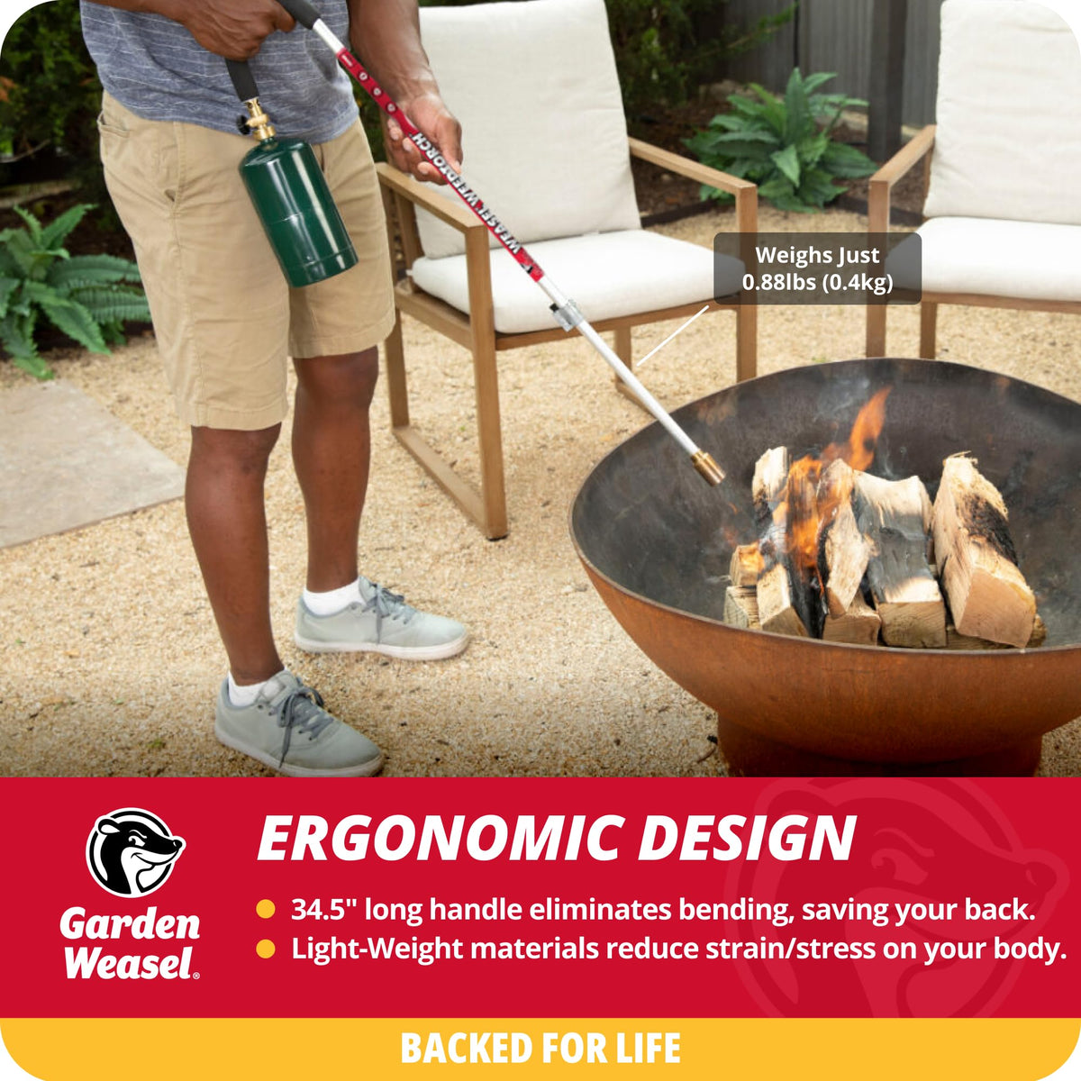 Garden Weasel WeedTorch long handle enables easy reach without bending.
