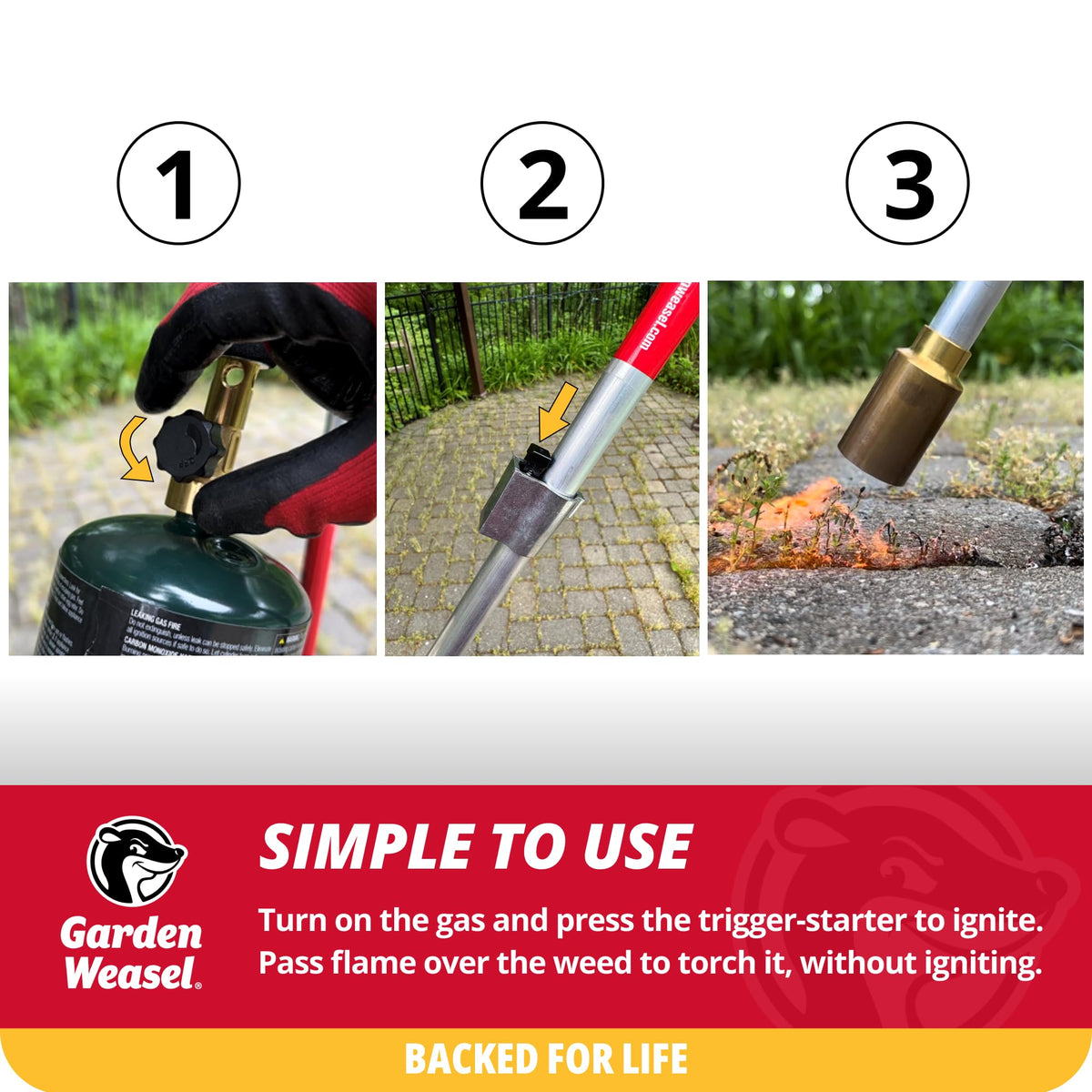 Garden Weasel WeedTorch applying controlled heat to weeds along sidewalks.