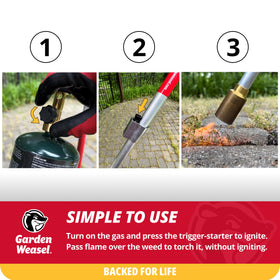 Garden Weasel WeedTorch applying controlled heat to weeds along sidewalks.