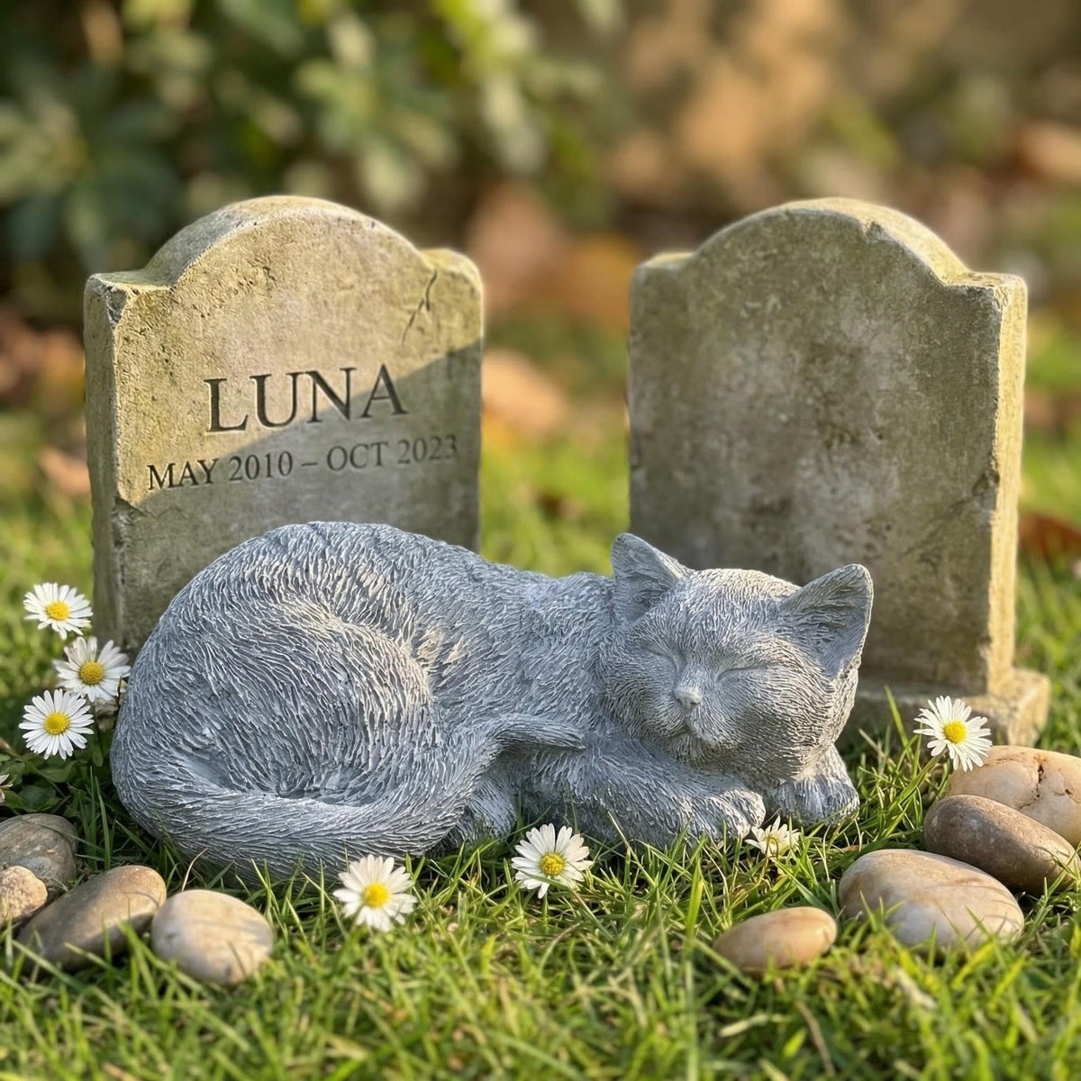 Garden Whisper cat memorial stone statue outdoor display for cherished pet remembrance.