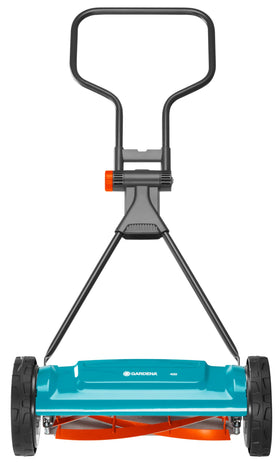 Gardena Classic reel mower side view with folding handle for storage.