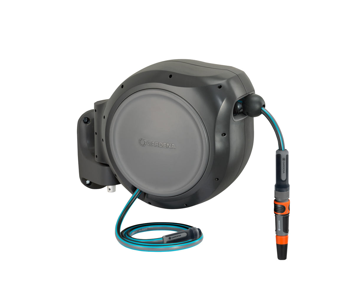 Gardena retractable hose reel 75-foot showing smooth rewinding for easy watering.