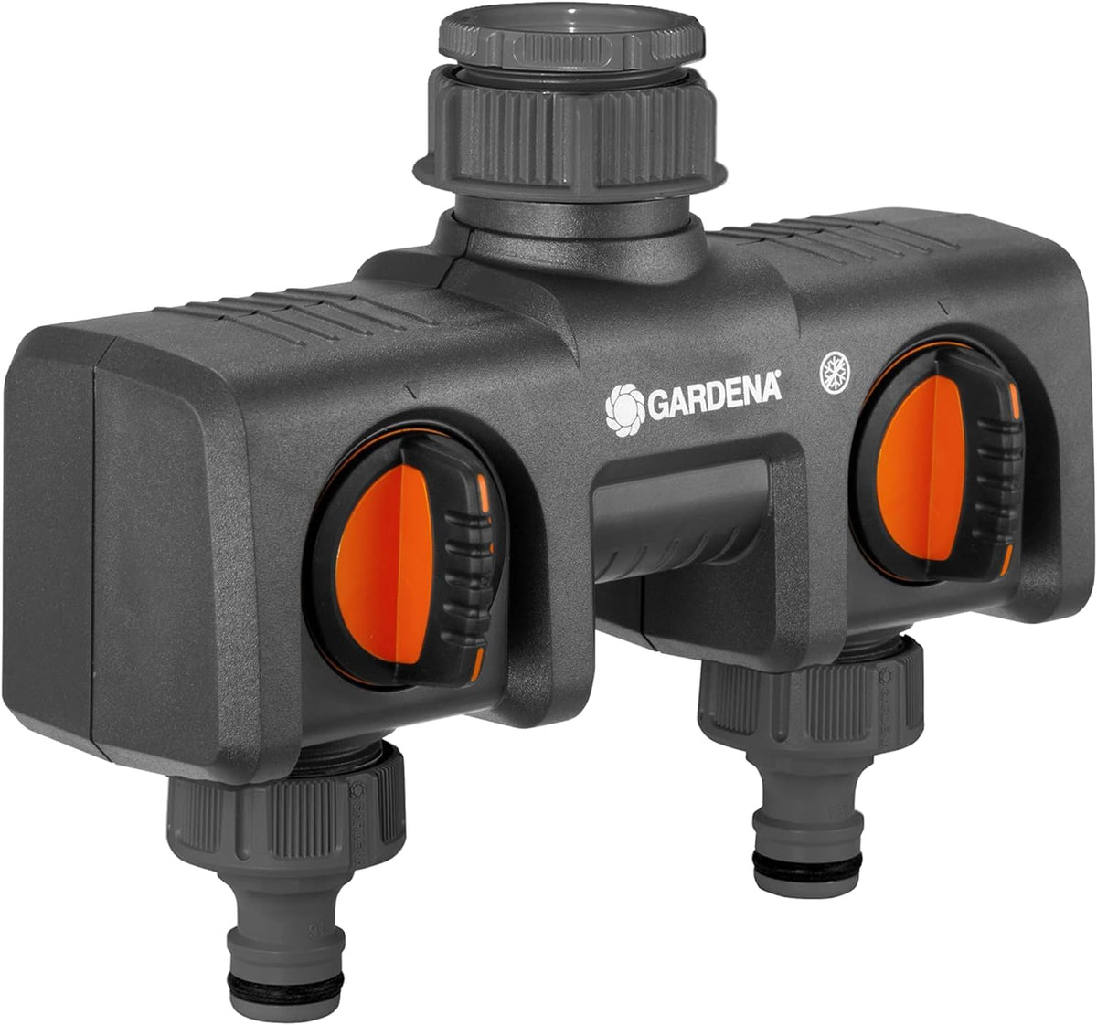Gardena Twin Tap Connector 2-way hose splitter with independent flow control.