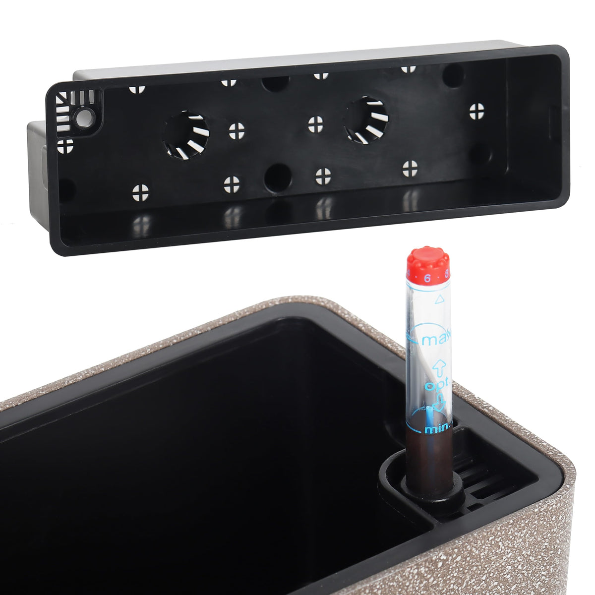 GardenBasix self-watering planter window box side view integrated moisture system