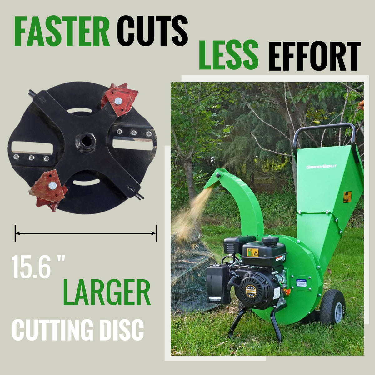 Gardenbeaut S1 discharge chute with adjustable angle for precise debris flow.