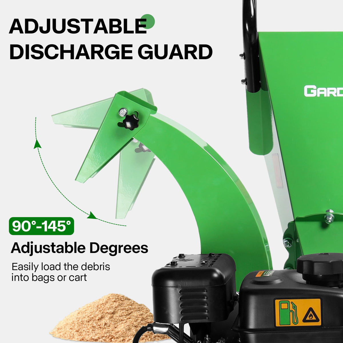 GardenBeaut S3 adjustable discharge chute demonstrates precise debris placement