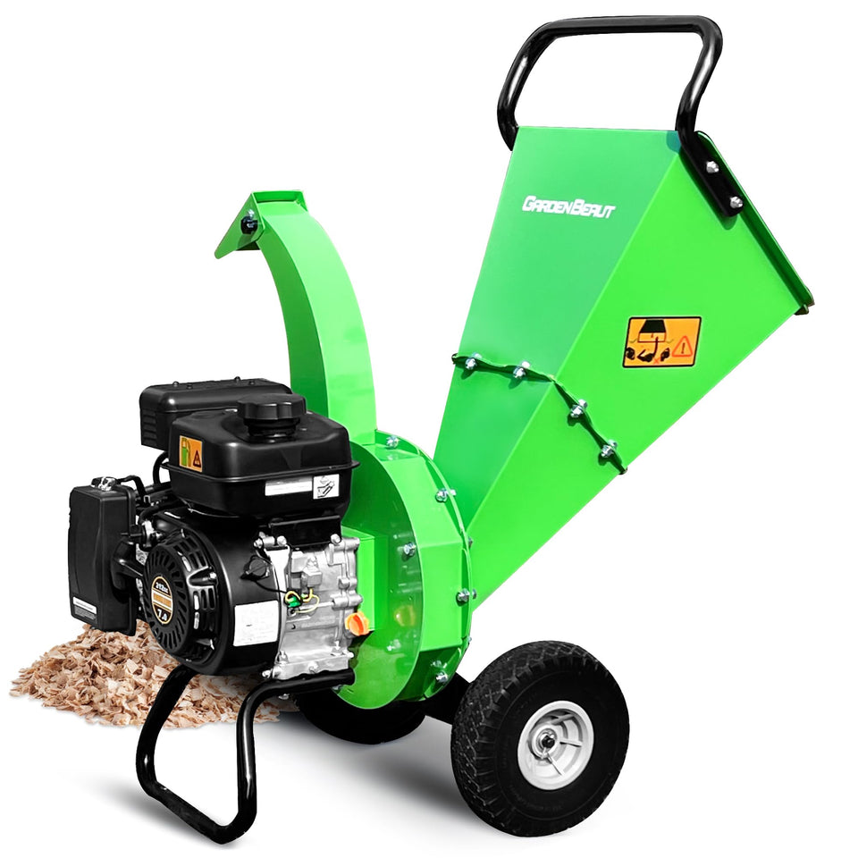 GardenBeaut S3 wood chipper front view shows compact footprint for easy backyard cleanup