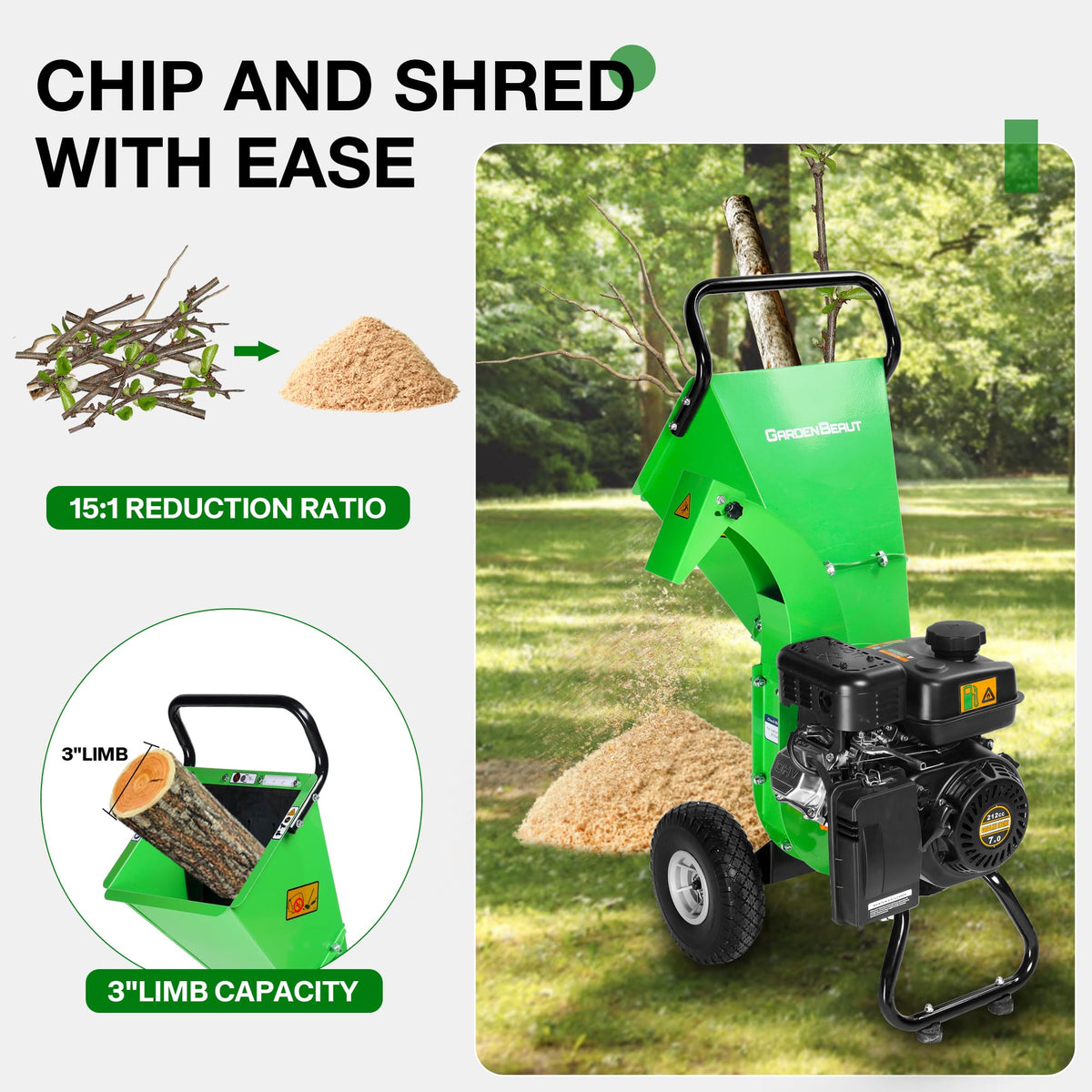 GardenBeaut S3 wood chipper side view highlights sturdy construction and reliable performance