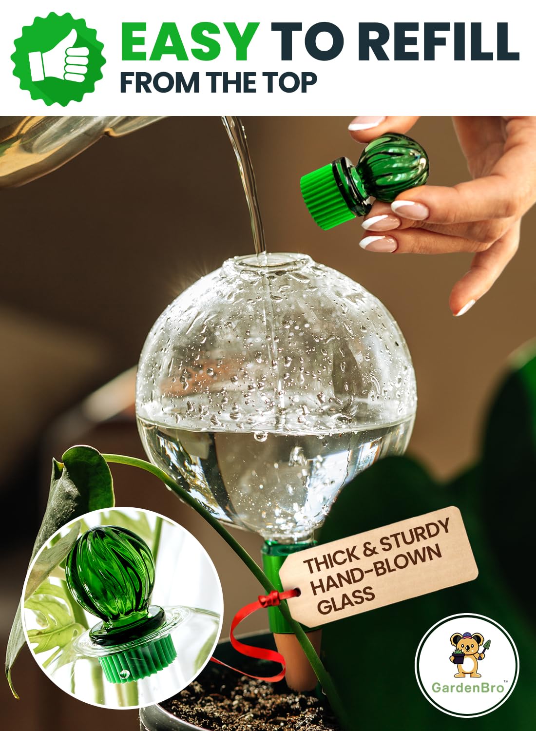 GardenBro hand-blown XL glass globes add decorative plant care.