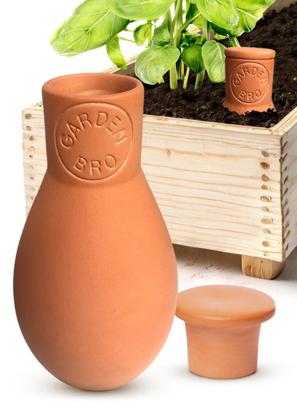 GardenBro Ollas Terracotta close-up of self-watering globe for steady plant hydration.