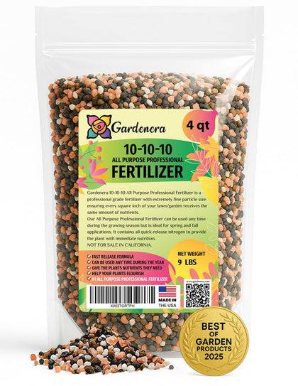 Gardenera 10-10-10 fertilizer bag showing balanced nutrition for healthy soil.