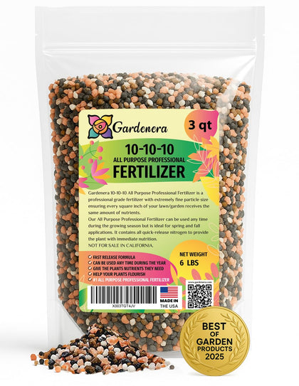 Gardenera 10-10-10 granules for balanced feeding across garden plants.