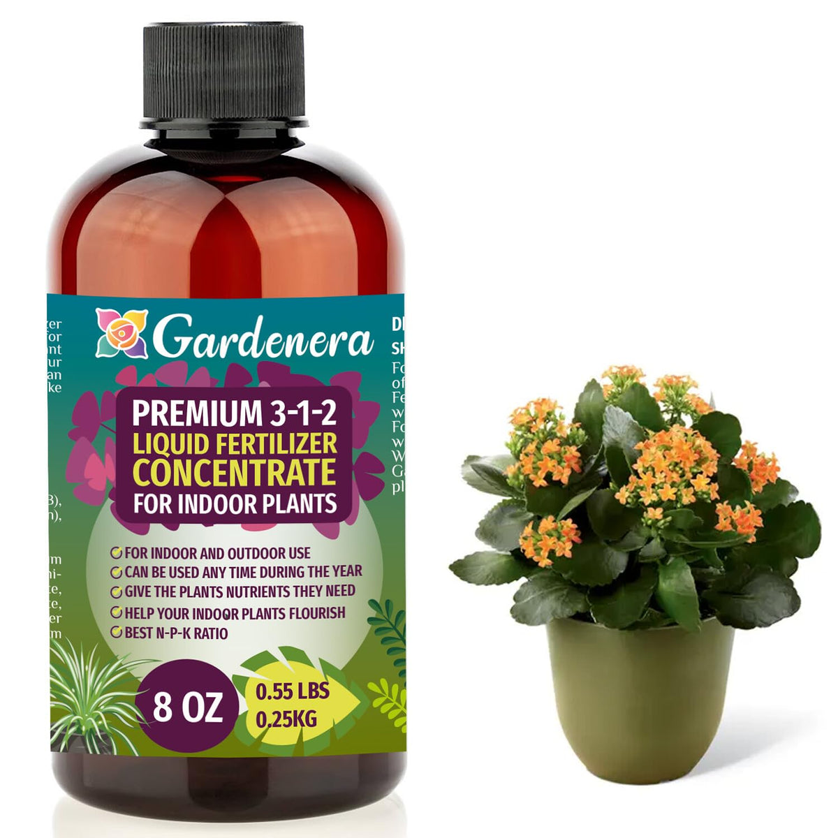 Gardenera 3-1-2 liquid fertilizer bottle ready to nourish indoor plants