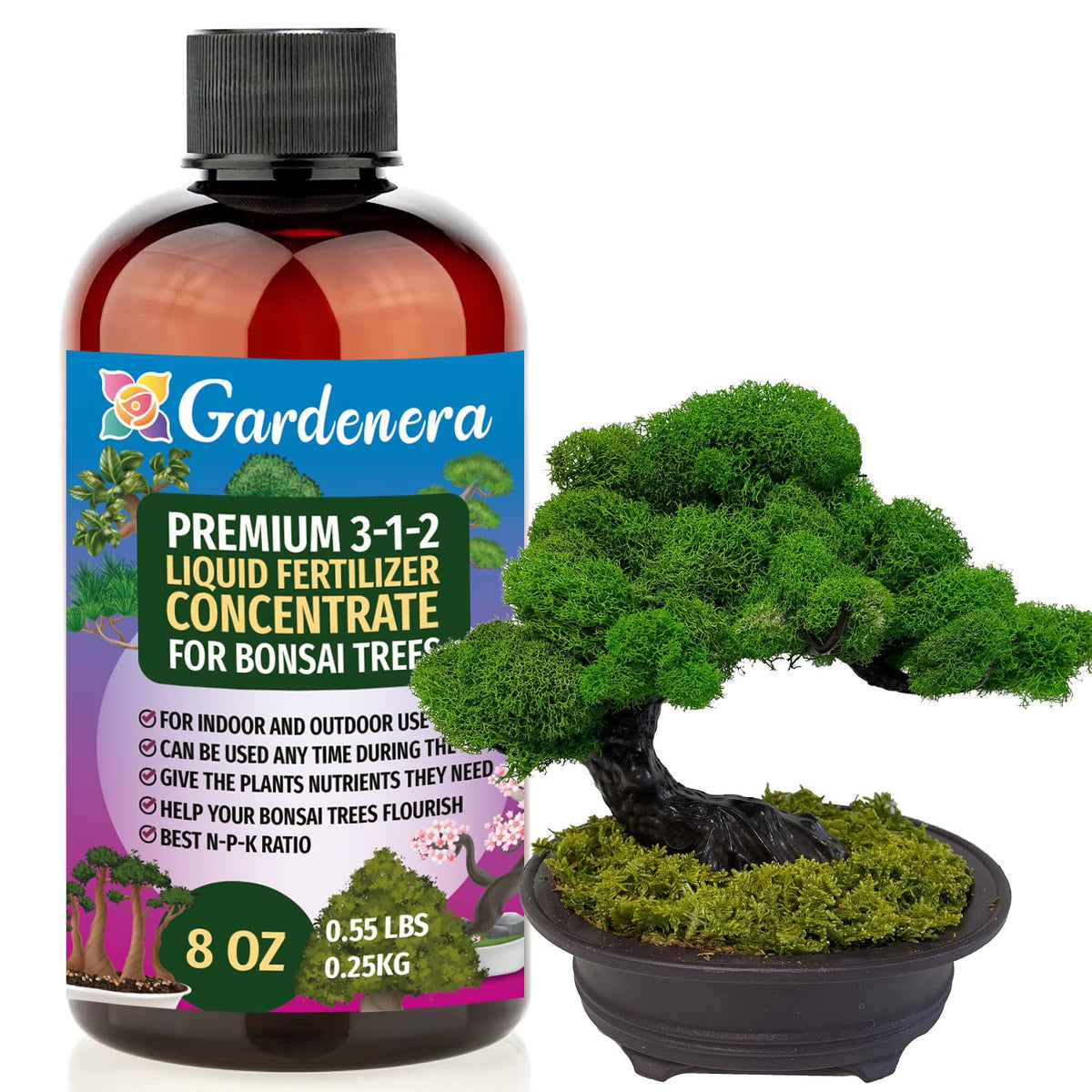 Gardenera Bonsai Fertilizer 3-1-2 concentrate bottle highlighting balanced nutrients for lush foliage.