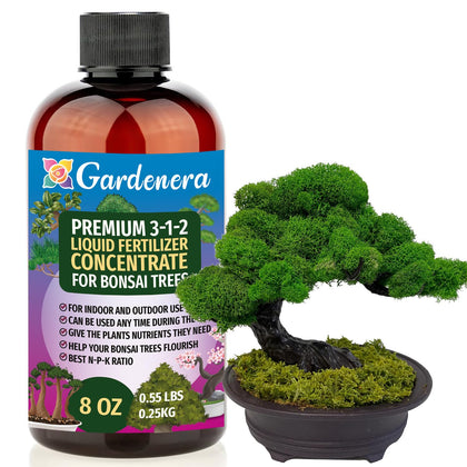 Gardenera Bonsai Fertilizer 3-1-2 concentrate bottle highlighting balanced nutrients for lush foliage.