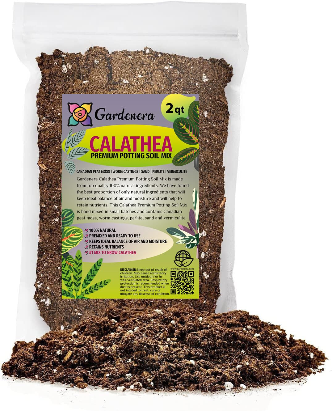 Gardenera Calathea potting mix packaging highlights premium blend for healthy growth