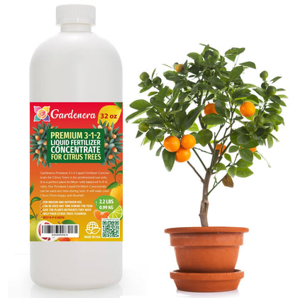 Gardenera citrus fertilizer bottle provides balanced 3-1-2 nutrients for indoor citrus trees.