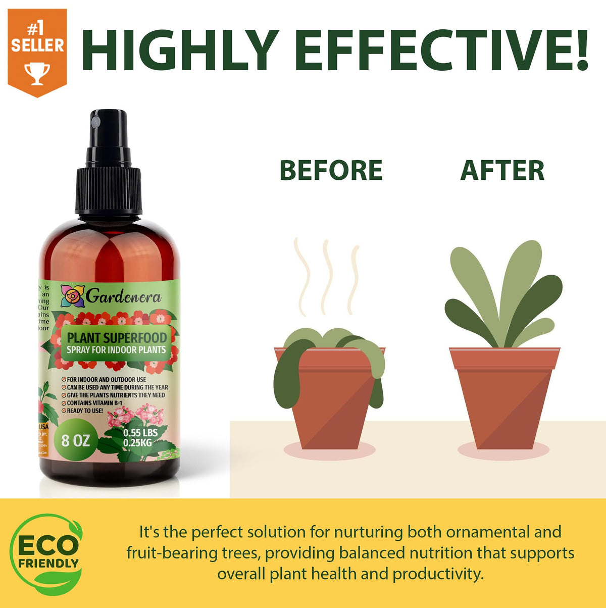 Gardenera Plant Superfood Spray bottle being applied to money tree stems.