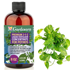 Gardenera Pothos fertilizer bottle highlights the balanced 3-1-2 formula for lush indoor vines.