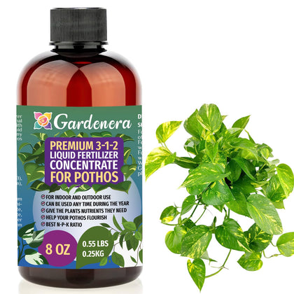 Gardenera Pothos fertilizer bottle highlights the balanced 3-1-2 formula for lush indoor vines.