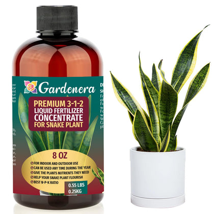 Gardenera 3-1-2 liquid fertilizer bottle for snake plants promotes balanced growth