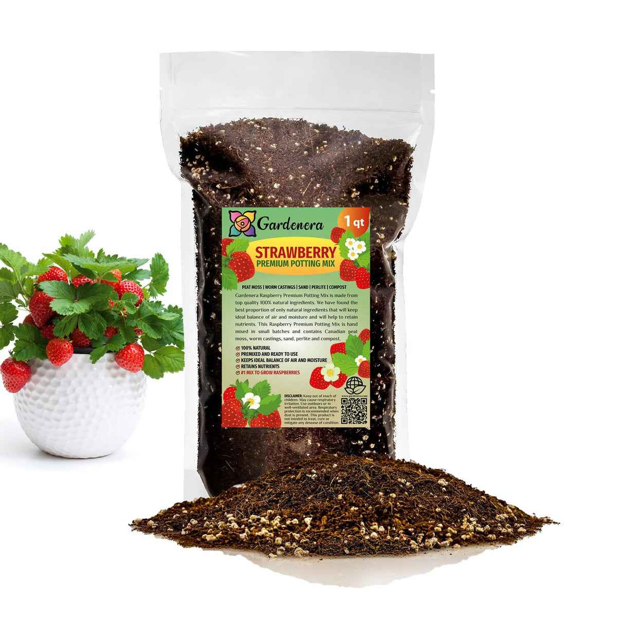 Gardenera Strawberry Potting Mix premium bag close-up showing moisture-retentive peat moss
