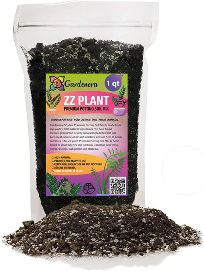 Gardenera ZZ Plant Potting Mix bag shows premium blend for thriving Zamioculcas