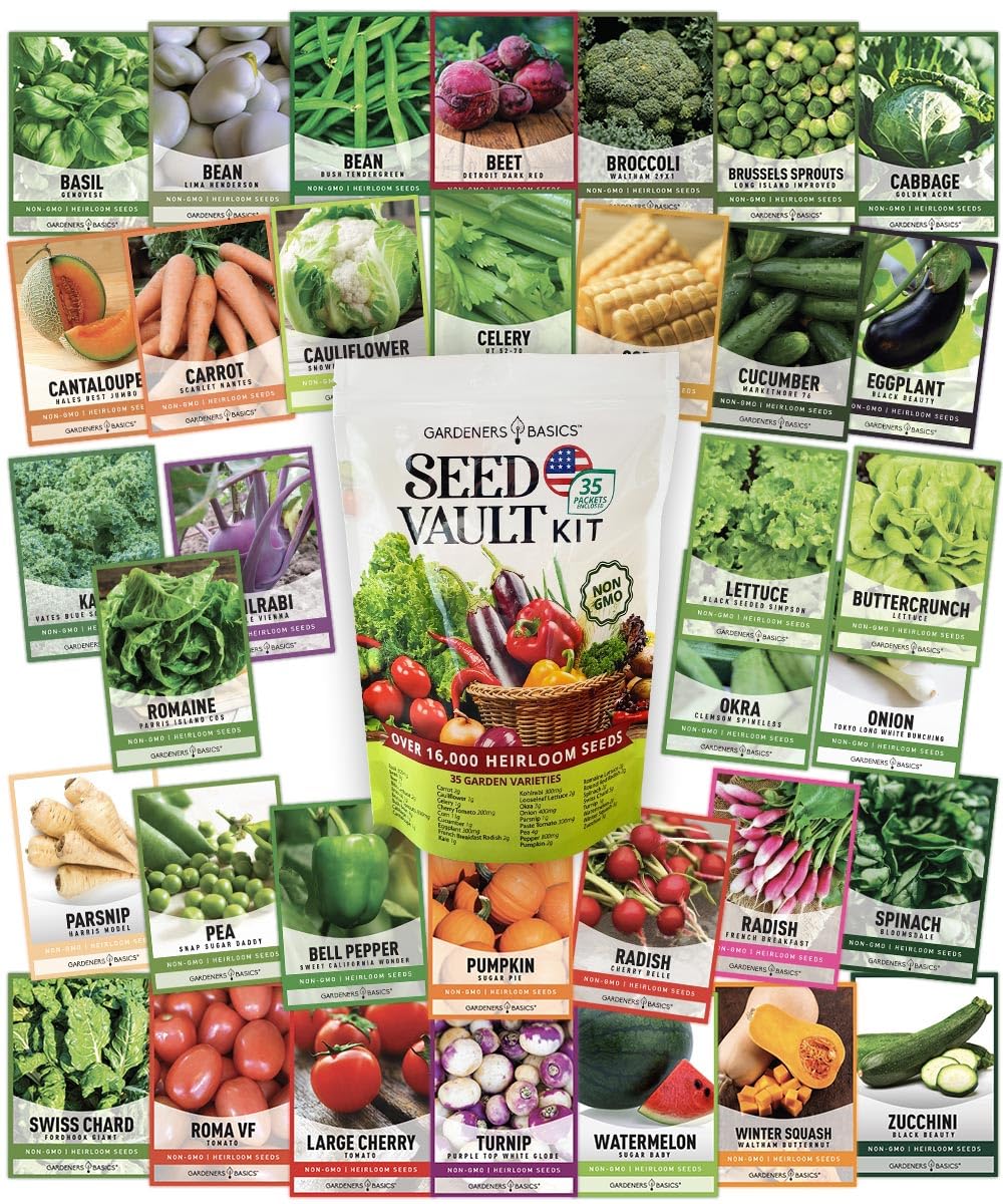Gardeners Basics 140 heirloom varieties display featuring diverse crops