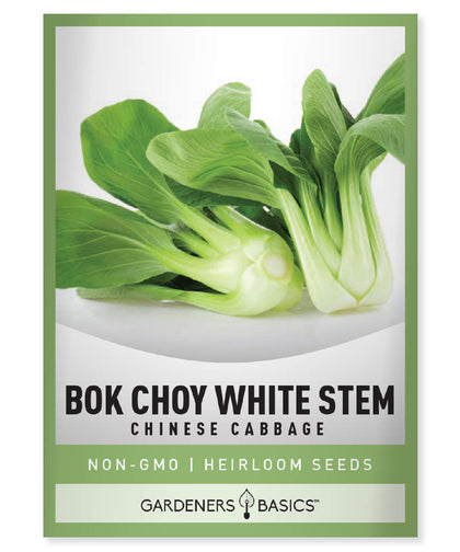Gardeners Basics bok choy seeds packet with planting directions for spring harvest.