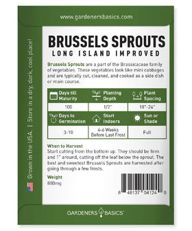 Gardeners Basics Brussels sprouts seed packet close-up shows premium non-GMO heirloom quality