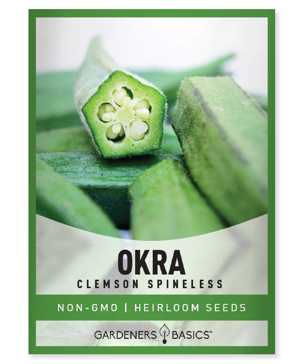 Gardeners Basics Clemson Spineless okra seed packet front, heirloom and easy to grow