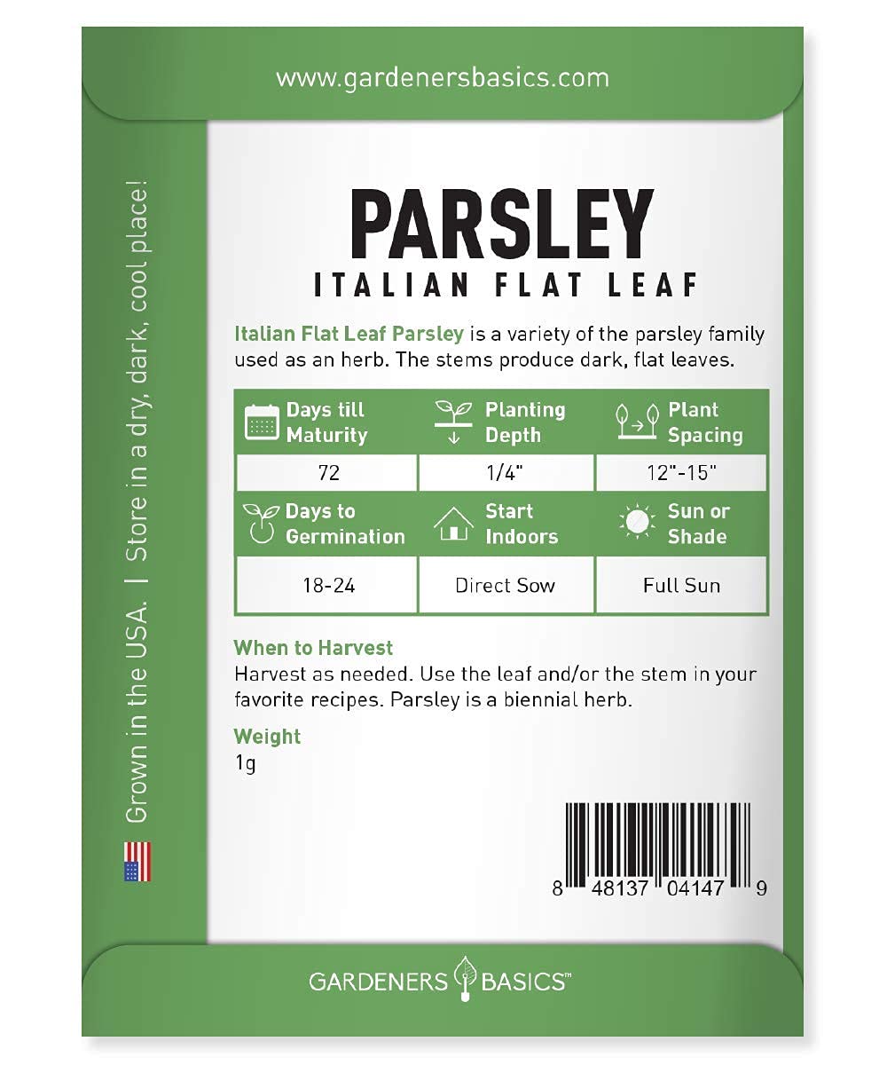 Close-up of Gardeners Basics Italian Flat Leaf parsley leaves with vibrant green color.