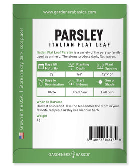 Close-up of Gardeners Basics Italian Flat Leaf parsley leaves with vibrant green color.