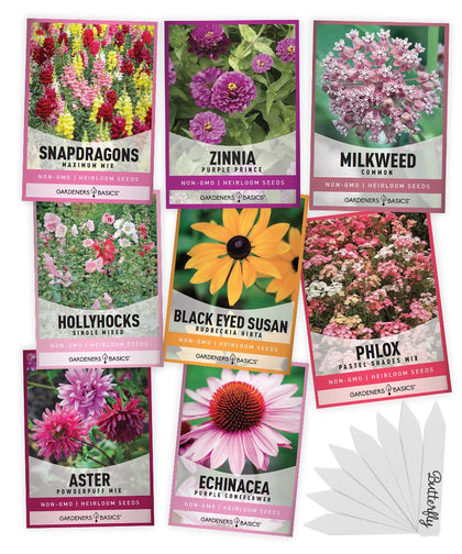 Gardeners Basics milkweed seeds pack shown for monarch-friendly pollinator garden.