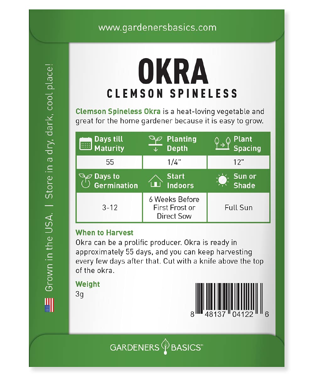Gardeners Basics okra seeds close-up, non-GMO seeds for summer harvest