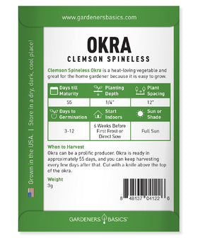 Gardeners Basics okra seeds close-up, non-GMO seeds for summer harvest