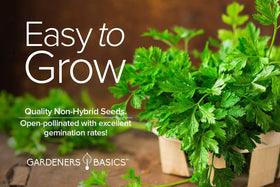 Parsley seeds growing in a hydroponic system with Gardeners Basics branding.