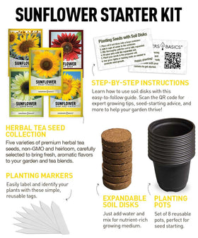 Gardeners Basics Sunflower Kit seed detail shows Giant Grey Striped variety.