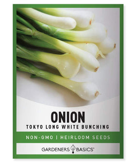 Gardeners Basics Tokyo Long White Bunching onion seed packet for easy spring planting.