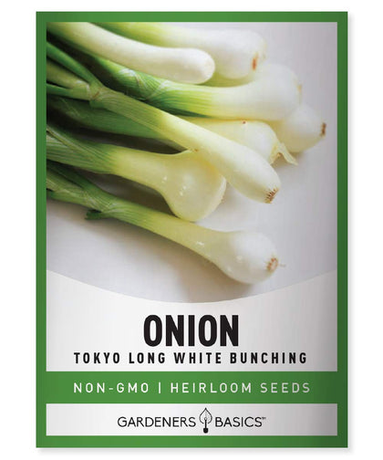 Gardeners Basics Tokyo Long White Bunching onion seed packet for easy spring planting.